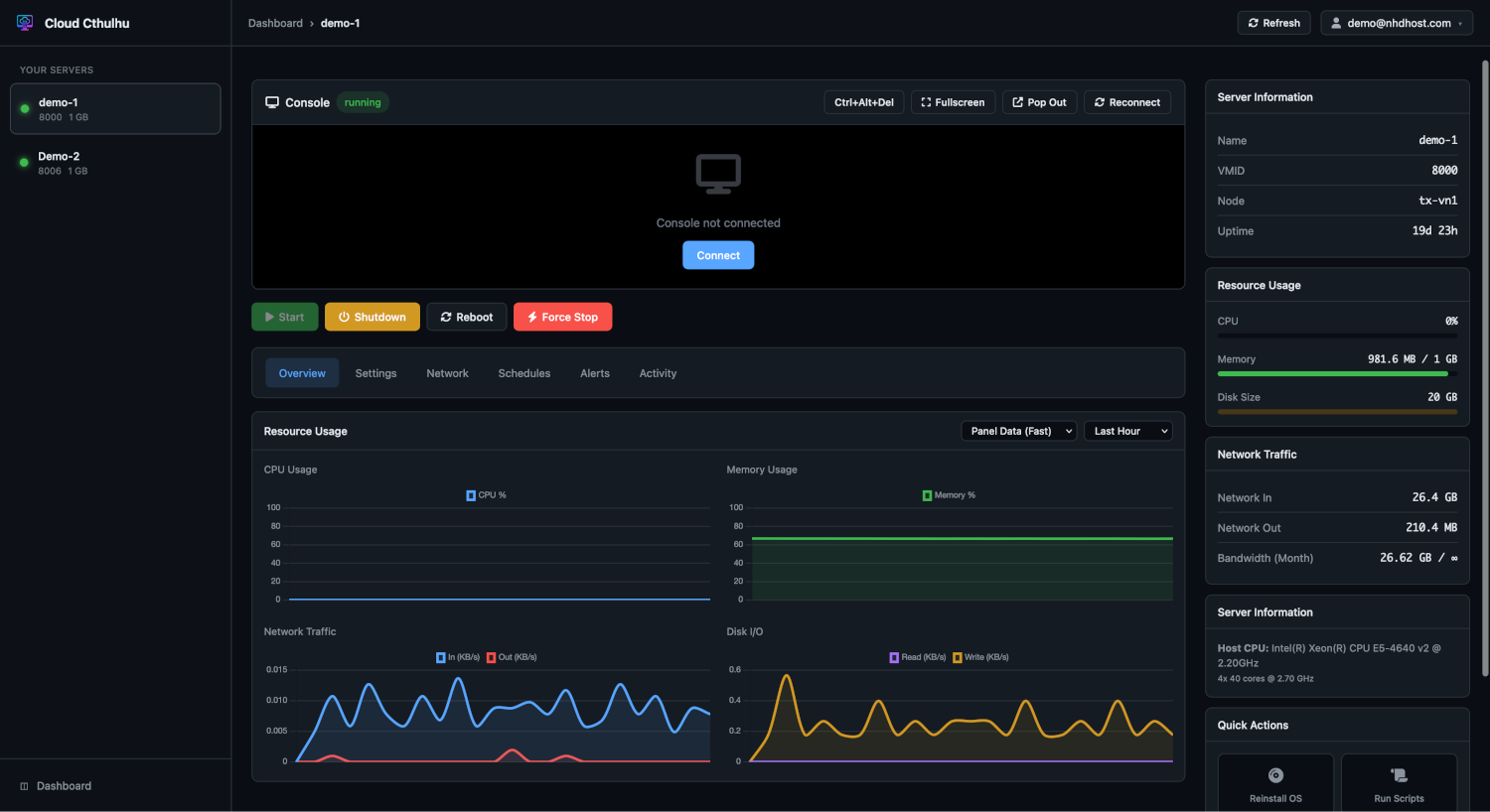 nhdHost VPS Control Panel Dashboard